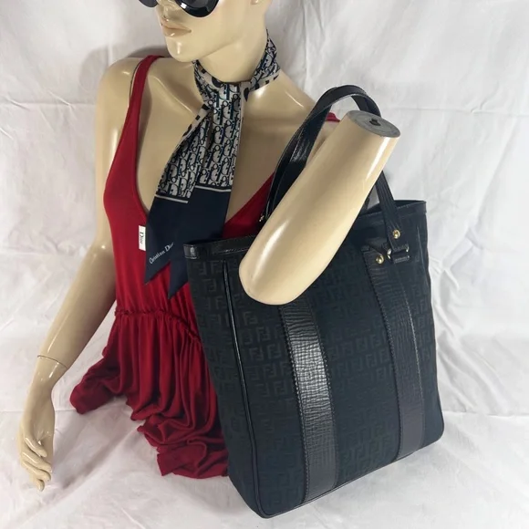 FENDI Zucchino Black Canvas Leather Trim Tote Shoulder Bag Made in Italy